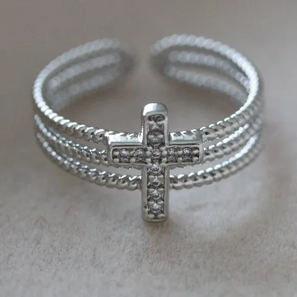 Cross with CZ Charm Cuff Ring Adjustable Stainless Steel - Picture 1 of 3